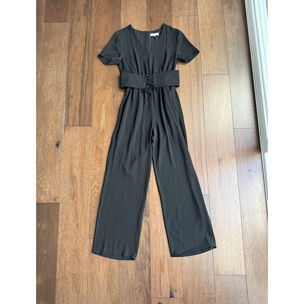WAYF V Neck Black Jumpsuit with Waist Tie